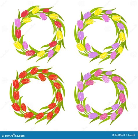 Spring Tulips Wreath Set Stock Vector Illustration Of Greeting 74091617