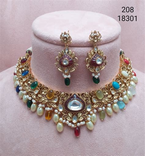 Golden Brass Delicate Wedding Wear Navratna Necklace Set Standard