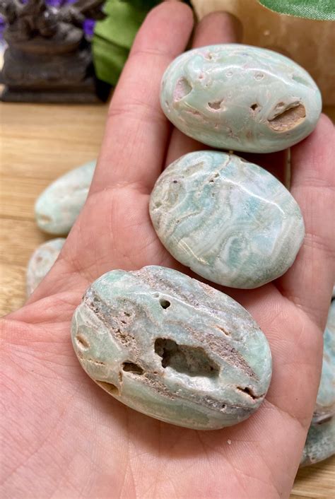 Small Caribbean Calcite Palm Stone Polished Tumbled Blue Calcite Ocean