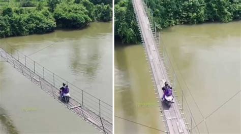 Bikin Deg Degan Momen Pemotor Lewati Jembatan Gantung Di Sungai Kampar