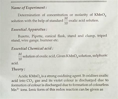 Determine The Molarity Of Given Kmn4 Solution By Titrating It Against M10 Oxalic Aced Salution