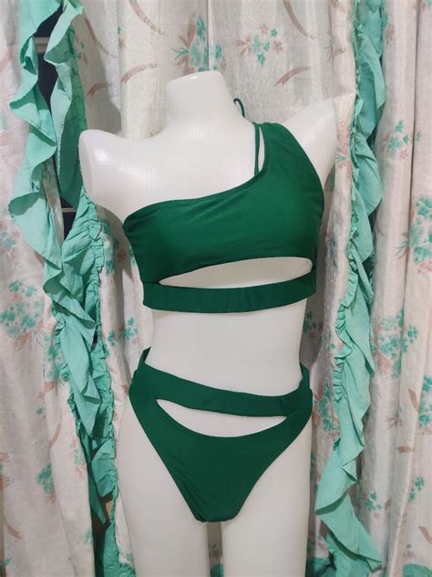 Shein Green Cut Outs One Shoulder Two Piece Bikini Swimsuit Women S