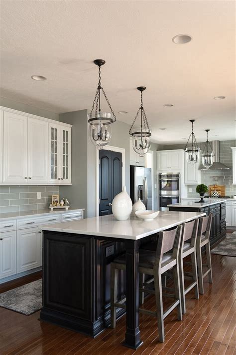 Light Grey Kitchen With Contrasting Island Cabinets With White Quartz