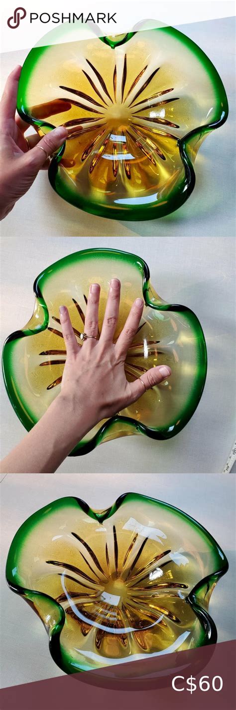 Mcm Murano Hand Blown Glass Vintage Retro Centerpiece Bowl Ashtray Yellow Green Centerpiece Bowl