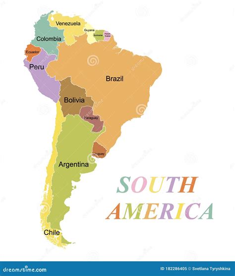 Mapa De Colores De Sudamérica Con Nombres De Países Ilustración del