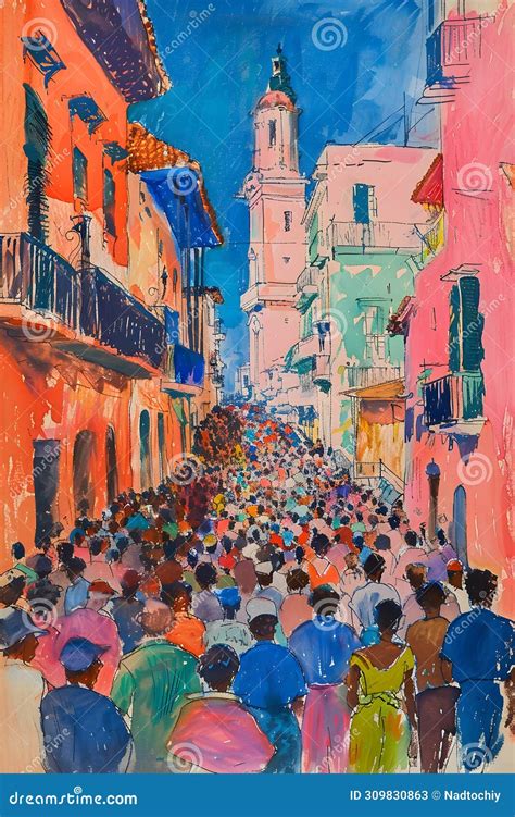 A Painting of a Crowd of People Walking Down a Street Stock Image - Image of crossing, travel ...