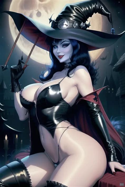 Dopamine Girl Elvira Mistress Of The Dark Wearing Witch Hat