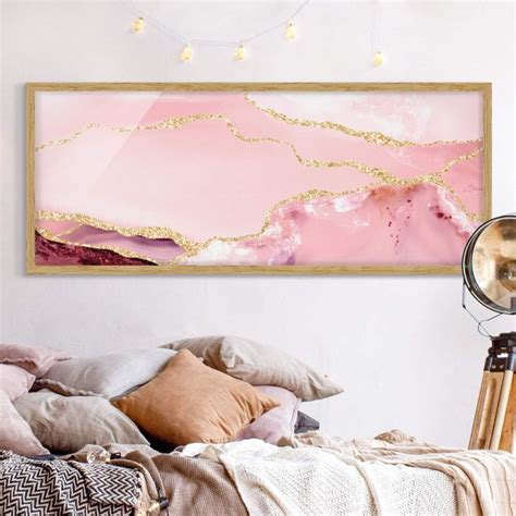 Bild Mit Rahmen Abstrakte Berge Rosa Mit Goldenen Linien Panorama 3 1