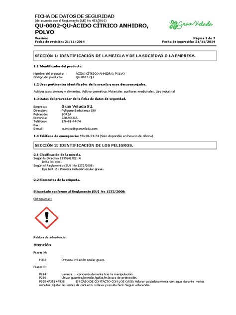 Ficha De Seguridad Ácido Cítrico Anhidro Pdf Ciencias Fisicas Química