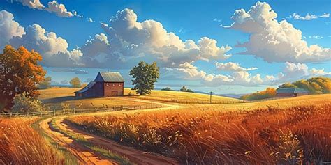 Painting Of A Farm Scene With Sunset Background, Painting, Farm, Sunset ...