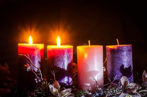 Advent Decoration With Two Burning Candles Stock Image Image Of Flame