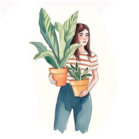 Premium Vector Woman Holding Plant Watercolor Paint