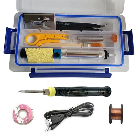 Green Usb Soldering Iron Kit Portable 5v 8w Mini Welder Set With Plastic Case Including Tweezers ...