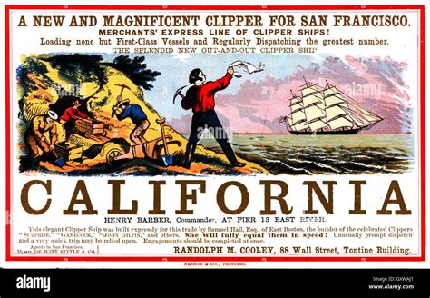 California Gold Rush 1849 Poster Promoting A New Fast Clipper Ship Way