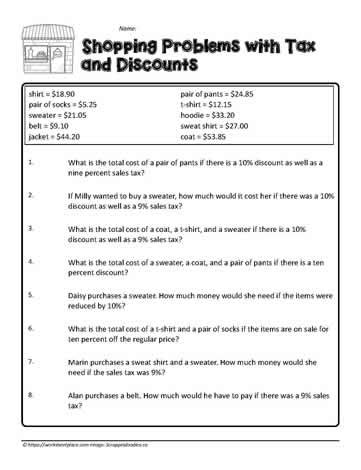 Word Problems With Tax And Discount Worksheets