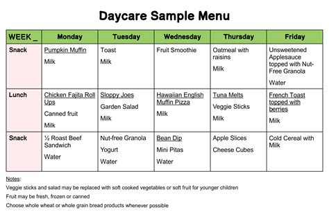 Sample Day Care Menu Food 10 Free Pdf Printables Printablee