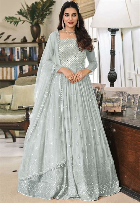 Buy Embroidered Georgette Abaya Style Suit In Grey Online Kch