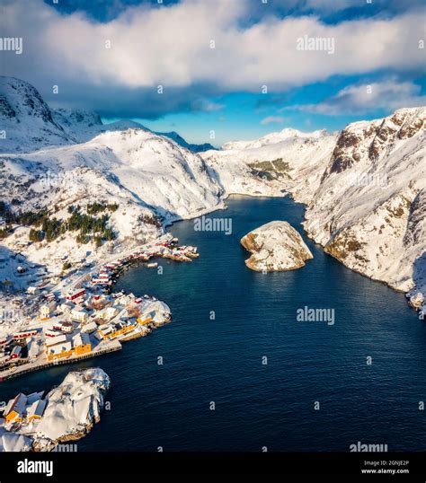 Bright Winter View From Flying Drone Of Nusfjord Town Norway Europe