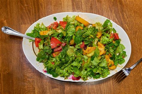 Healthy Vitamin Salad of Green Leaves and Various Vegetables in a Large ...