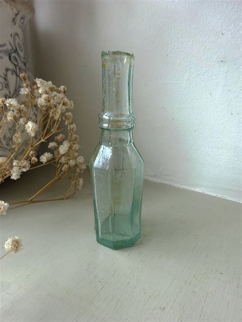 Antique Aqua Octagonal Bottle Burst Lip Sauce Bottle Shear Etsy