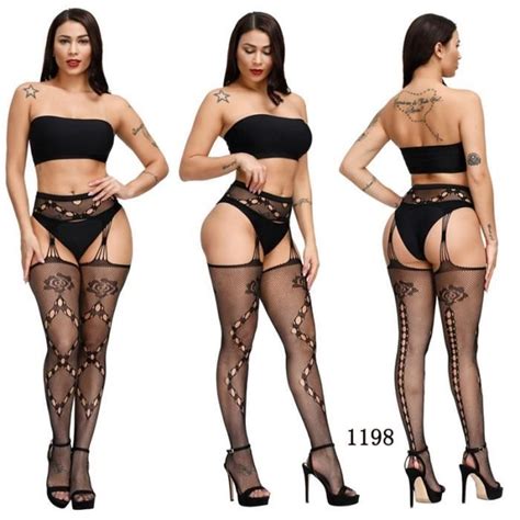 Lingerie sexy Collant en résille sans entrejambe pour femmes bas taille haute Lingerie