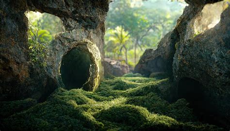 Premium Photo Cave Entrance With Green Trees Grass Moss And Hanging Vines