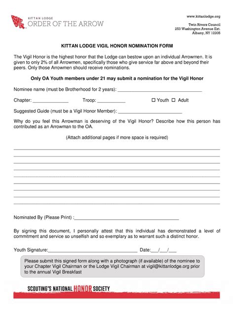 Fillable Online KITTAN LODGE VIGIL HONOR NOMINATION FORM Fax Email