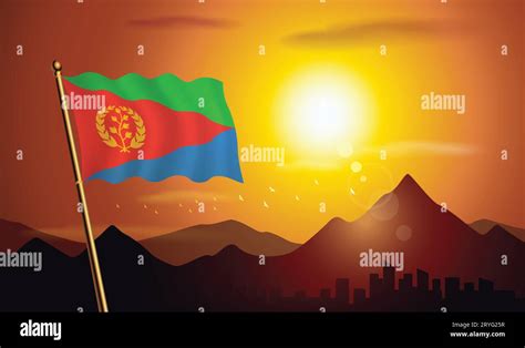 Eritrea Flag With Sunset Background Of Mountains And Lakes Stock Vector