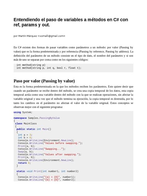 Entendiendo El Paso De Variables A Métodos En C Con Ref Params Y Out Pdf C Sharp