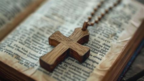 Closeup Of Simple Wooden Christian Cross Necklace On Bible Vintage Tone