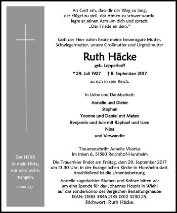 Traueranzeigen Von Ruth H Cke Wirtrauern