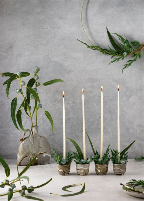 4 Advent Christmas Decor With White Narrow Candles Eucalyptus Leaves