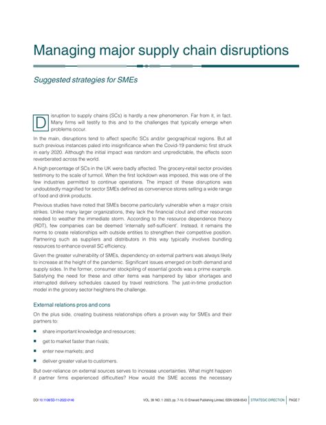 Pdf Managing Major Supply Chain Disruptions Suggested Strategies For Smes