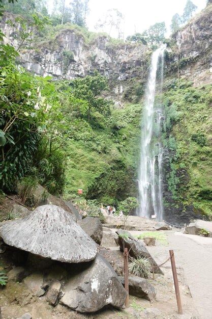 Premium Photo | View of the coban rondo waterfall with high cliffs in ...