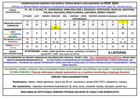 Harmonogram odbioru odpadów komunalnych z terenu miasta i gminy