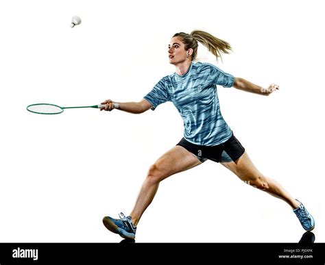 One Caucasian Young Teenager Girl Woman Playing Badminton Player