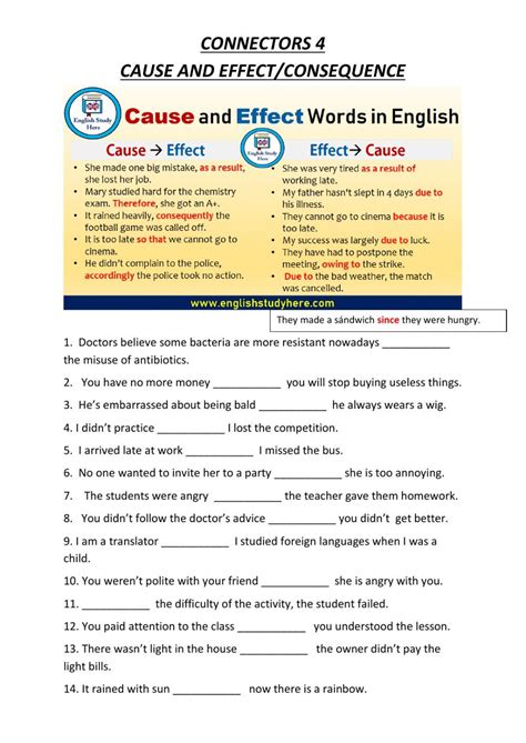 The Cause And Effect Words In English Worksheet For Grade 4 Students