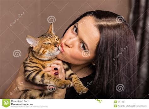 Beautiful Brunette With A Cat Stock Photo Image Of Hair Domestic