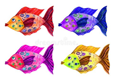 Grupo Da Aquarela De Peixes Coloridos Dos Desenhos Animados Ilustra O