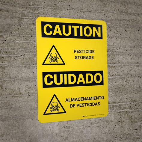 Caution Pesticide Storage Bilingual Spanish With Icons Wall Sign