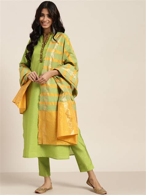 Buy Sangria Women Green Yellow Solid Straight Kurta With Trousers