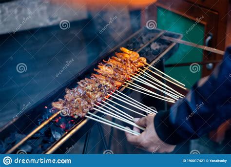 Huhn Und Lamm Satay Auf Einem Grill Stockbild Bild Von Kochen