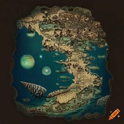 Detailed Map Of A Mythical Realm With Unique Lands And Creatures