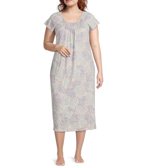 Miss Elaine Plus Size Paisley Print Cottonessa Scoop Neck Short Sleeve Long Nightgown Dillard S