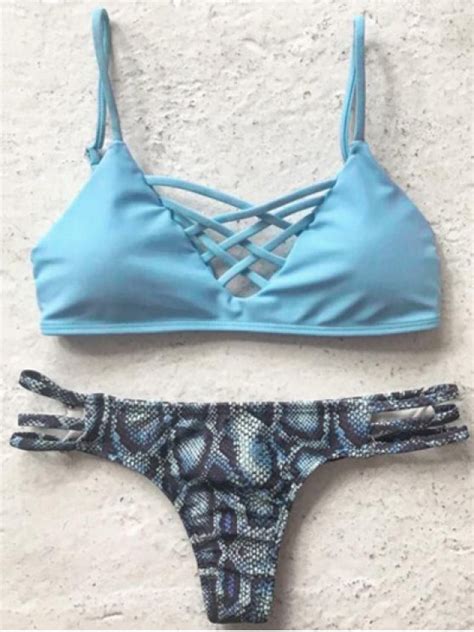 Printed Spaghetti Straps Bikini Set Light Blue Bikinis S Zaful