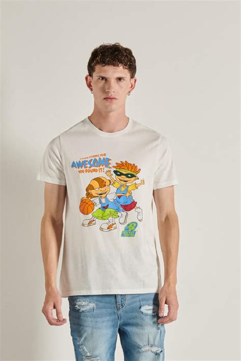 Camiseta blanca con cuello redondo y diseño de Rocket Power