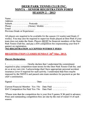 Fillable Online Deer Park Tennis Club Inc Nsnta Senior Registration