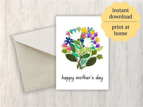 Printable Floral Bouquet Mothers Day Card Watercolor Printable Pdf