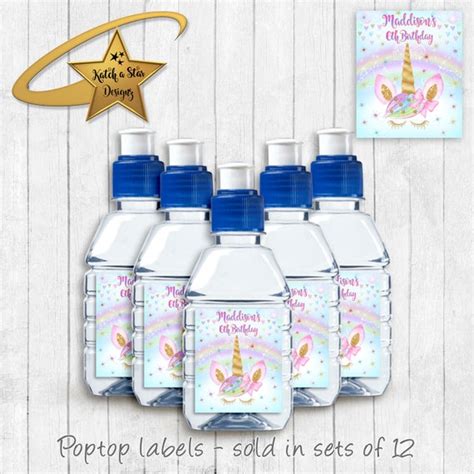 Rainbow Unicorn Birthday Party Personalised Gloss Pop Top Drink Label Stickers X 12 Or Digital