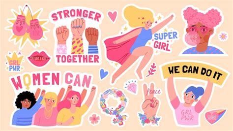 Premium Vector Flat Girls Power Stickers With Fists Up And Feminism Slogans Strong Black